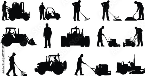Silhouettes of workers operating landscaping and construction equipment including mowers, tractors, and tools, illustrating outdoor labor, machinery use, and groundskeeping diversity