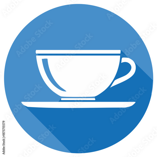 White coffee cup and saucer icon with long shadow on blue circle background