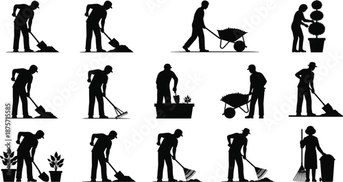 Silhouettes of gardening and landscaping workers performing outdoor tasks like digging, planting, raking, and trimming, showcasing manual labor and maintenance diversity