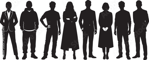 Large collection of diverse human silhouettes featuring business professionals in suits casual people in hoodies and elegant women standing in various poses on white background