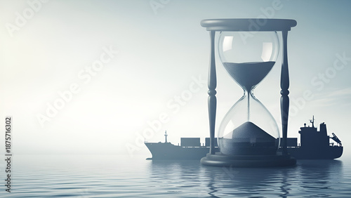 Cargo ship faces hourglass signifying delivery delays in calm waters under a soft sky