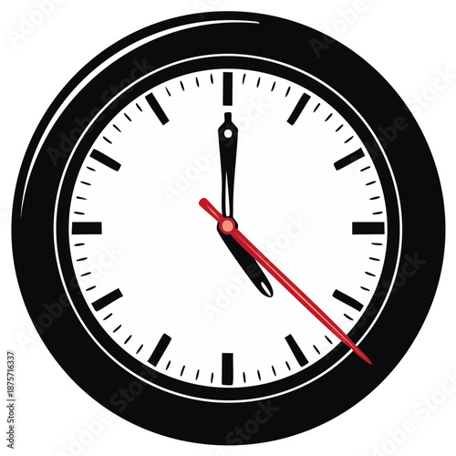 Close up of analog clock face showing time passing with black hands and red second hand