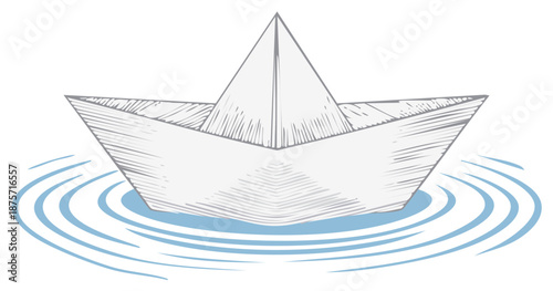 Paper Boat Sailing on Calm Blue Water with Ripples Hand Drawn Illustration