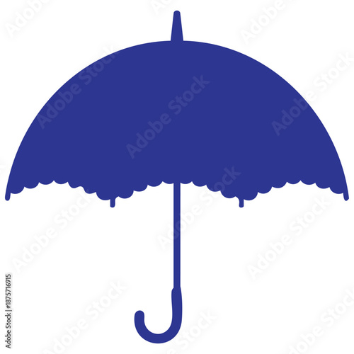 Blue umbrella with scalloped edge and curved handle icon for protection and weather symbol