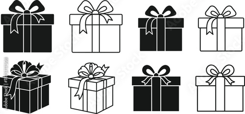 Black and white illustration of eight gift boxes with ribbons