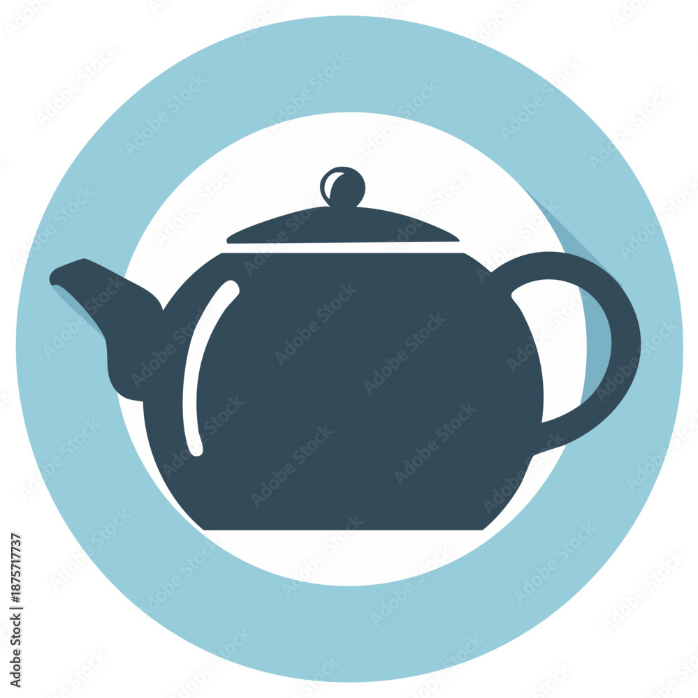 Obraz premium Flat design teapot icon in a blue and white circle with long shadow effect, ideal for tea, coffee, and kitchen themes.
