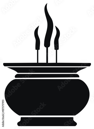 Black Silhouette Incense Holder with Three Burning Sticks and Wisping Smoke