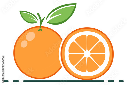Stylized Orange Fruit and Slice with Green Leaves and Minimalist Design