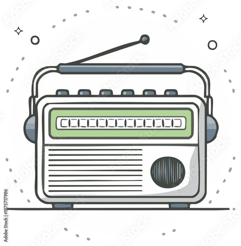 Retro portable radio with antenna and speaker on a white background