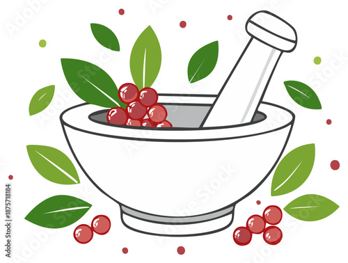 Mortar and pestle with fresh herbs and berries for herbal medicine and ayurveda concept