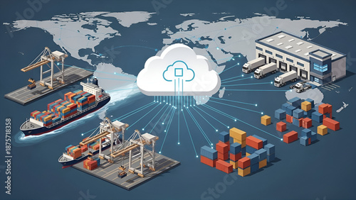 Global logistics connect ships trucks warehouses via cloud platform for supply chain optimization.