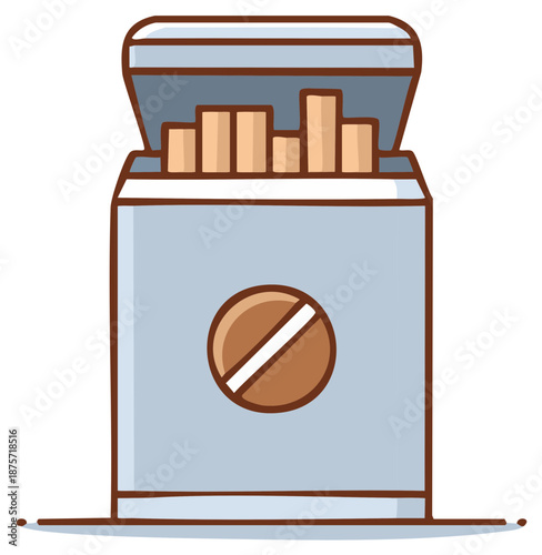 Cigarette Pack Illustration Open Box with Cigarettes Brown Blue Outline Colors Smoking Concept