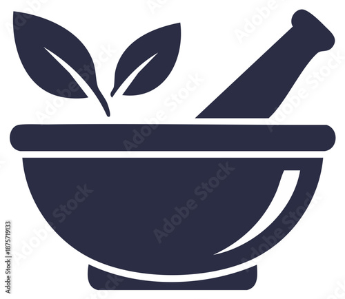 Mortar and Pestle with Plant Leaves Symbolizing Herbal Medicine and Natural Remedies Simple Icon Design