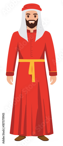 Man wearing traditional red thobe and white ghutra and agal with a yellow sash