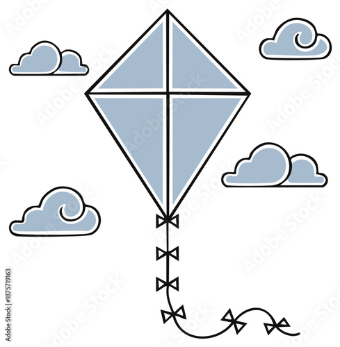 Light blue kite soars high in the sky with fluffy grey clouds illustration, outdoor recreational activity vector.
