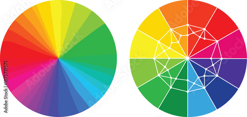 Vector color wheels showing gradient spectrum and segmented hue analysis, ideal for design, education, branding, and color theory visuals