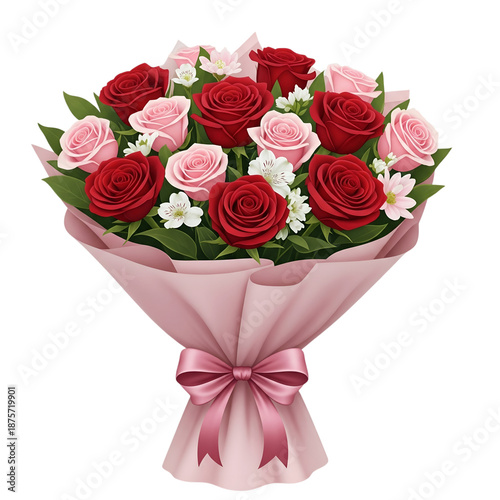 A beautiful bouquet of red and pink roses with a pink ribbon