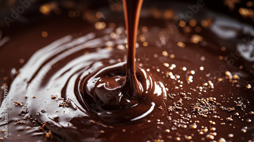 A close-up image captures a rich, dark brown chocolate sauce being poured into a dark bowl - commercial digital illustration with high resolution detail featuring premium quality and vibrant colors