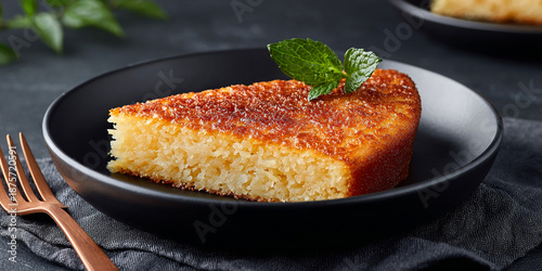 Basbousa in dish on dark background