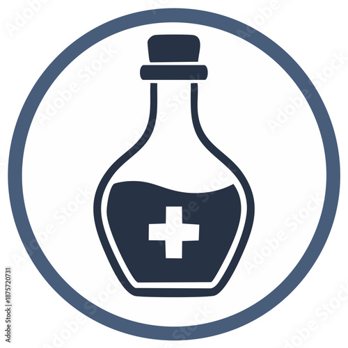 Medical bottle with cross symbol inside a circle, healthcare graphic design