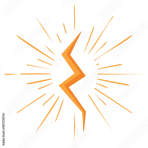 Hand drawn cartoon lightning bolt with flash. Orange electric energy or thunder power symbol icon.
