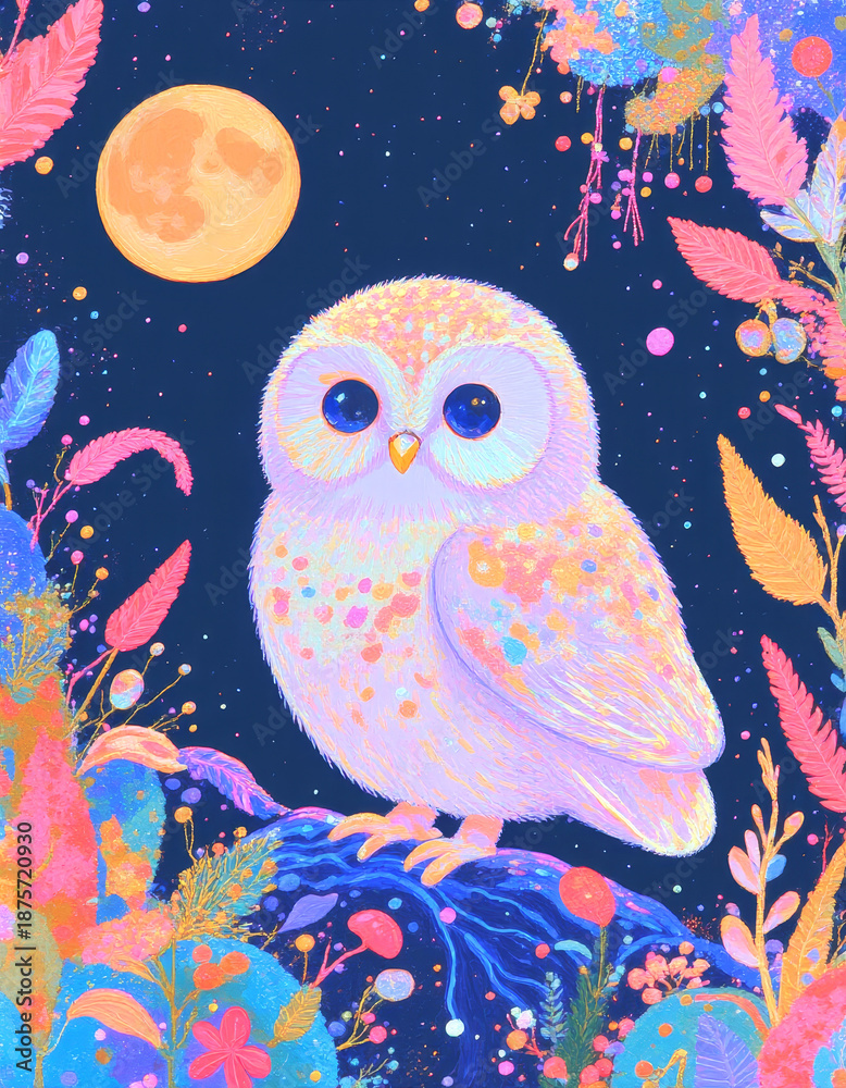 Obraz premium creating a harmonious fusion of flora and fauna in a textured,painterly design,a white owl, moon ,dark background .children's illustration