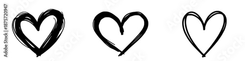 Hand drawn black heart outlines with expressive brush and ink strokes in minimal style isolated on white background