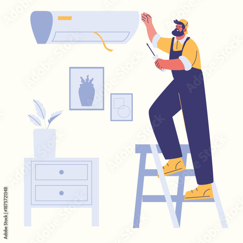 technical repairman air conditioner with professional tools illustration