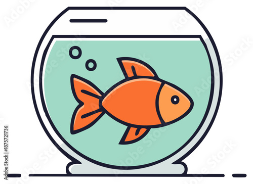 Vibrant orange goldfish swims in a clear fishbowl filled with blue water and bubbles, clean illustration.