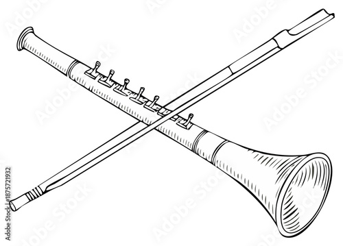 Detailed Line Art Illustration of Crossed Clarinet and String Instrument Bow