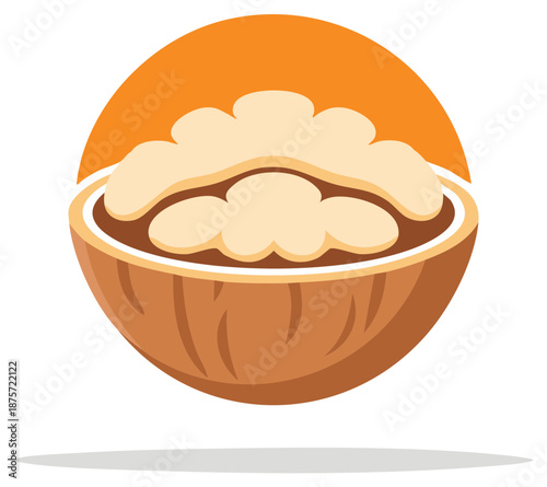 Delicious walnut illustration with open shell and orange background evokes health food concept