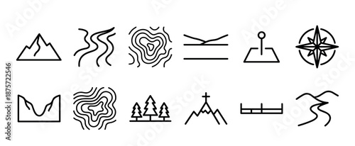 Topographic map symbols and geography line icons set featuring mountains, rivers, contour lines, a compass rose, and forest for cartography and outdoor adventure themes