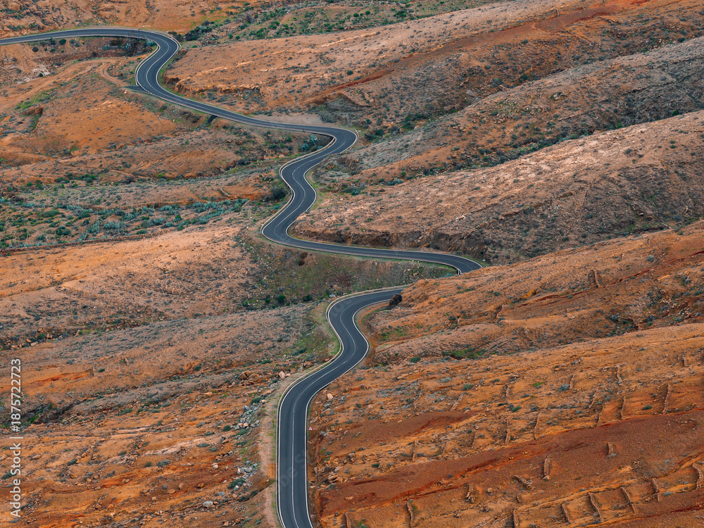 Naklejka premium Aerial view shows a sinuous asphalt road in Fuerteventura, Canary Islands. Tight S curves trace arid volcanic hills with sparse plants in soft diffused light.