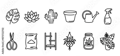 Linear icon set of home gardening and houseplant care elements, featuring a monstera, succulent, cactus, pot, watering can, and shears in a simple black outline style