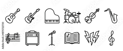 Collection of minimalist music and instrument icons drawn in a simple black outline style, featuring guitar, piano, drums, violin, and other musical symbols