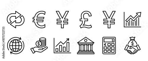 Set of black line finance icons representing currency, banking, and economic concepts, including symbols for money exchange, global trade, investment, and growth charts in a minimalist style