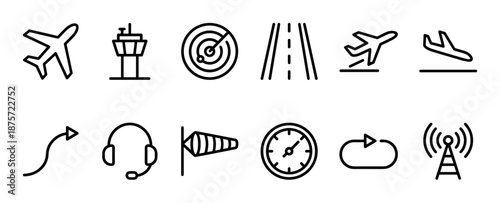 Collection of black line airport icons featuring an airplane, control tower, radar, runway, and landing symbols for aviation and travel concepts in a minimalist vector style