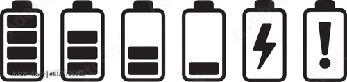 battery icon set, battery charge level indicator icon, Attention battery discharged, battery capacity symbol, vector illustration