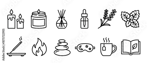 Set of black line icons representing relaxation and self-care items like candles, aromatherapy, tea, and zen stones in a simple minimalist outline style for wellness concepts