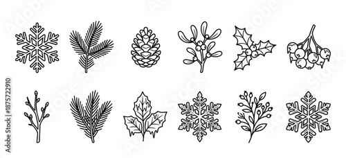Set of hand-drawn winter holiday icons including snowflakes, pinecones, mistletoe, and holly branches in a simple black and white line art doodle style for festive decoration