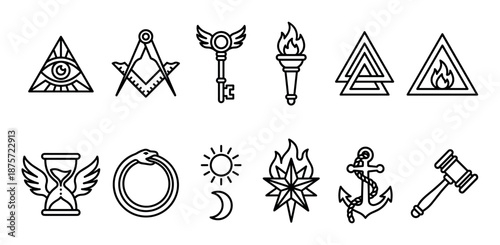 Set of esoteric and masonic symbols in a minimalist black line art style, featuring the all-seeing eye, ouroboros, winged key, anchor, and other mystical alchemical icons