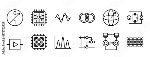 Set of thin line icons representing quantum computing and physics concepts, including a qubit, microchip, entanglement, Bloch sphere, and various electronic circuit diagrams
