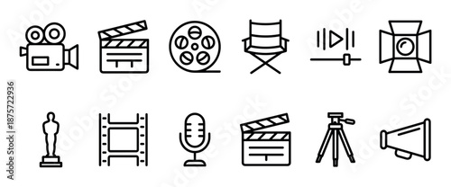 Set of cinema and filmmaking line icons featuring a camera, clapperboard, film reel, director's chair, and award statuette in a minimalist black vector illustration style