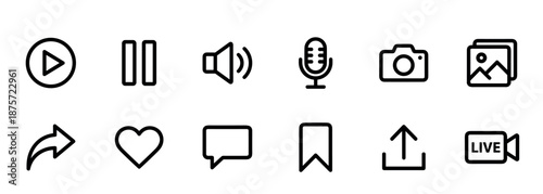 Set of black outline social media icons for user interface design including play, pause, like, share, and comment symbols in a minimalist line art style for web and mobile applications