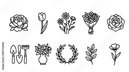 Collection of black line art icons featuring various flowers, gardening tools, a bouquet, and a wreath in a minimalist, graphic style for design and decoration