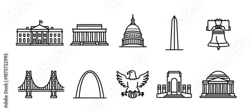 Set of national landmark and symbol icons including a presidential residence, capitol dome, obelisk, and suspension bridge in a clean black line art graphic illustration style