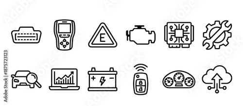 Black outline icons for automotive diagnostics and vehicle repair service, featuring an OBD scanner, engine, battery, dashboard, and other car maintenance symbols in a minimalist style