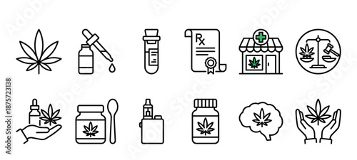 Medical cannabis and CBD oil icon set with various line art symbols for dispensary, prescription, legalization, therapy, and alternative medicine