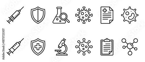 Medical and scientific line art icon set with minimalist symbols for vaccination, virus, research, and protection, including a syringe, microscope, and shield