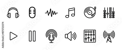 Set of black line art icons representing music, audio, sound recording, and broadcasting with symbols for headphones, microphone, soundwave, vinyl, equalizer, and player controls